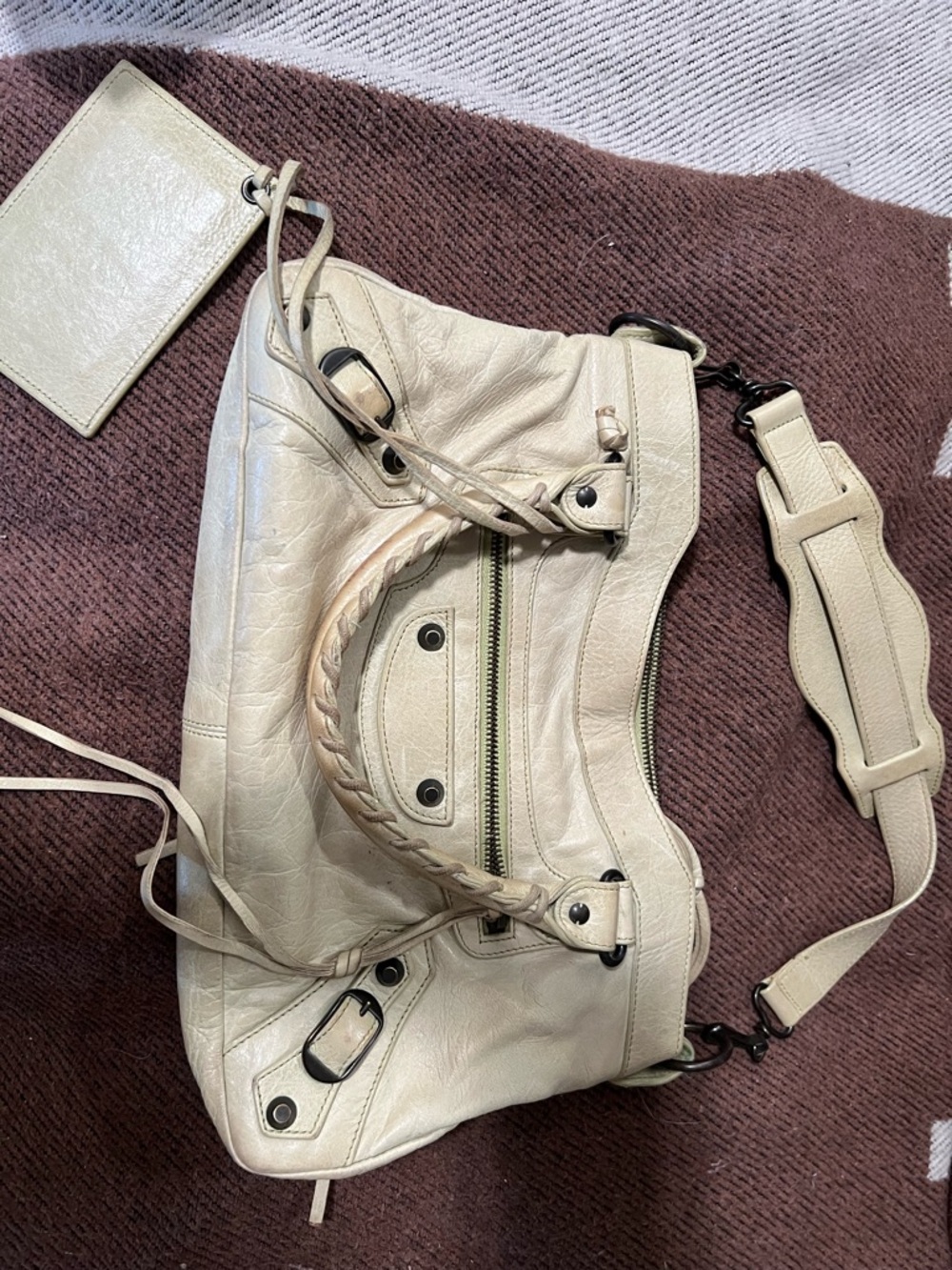 Balenciaga Cream Leather Mini Shoulder Bag with Braided Handle
